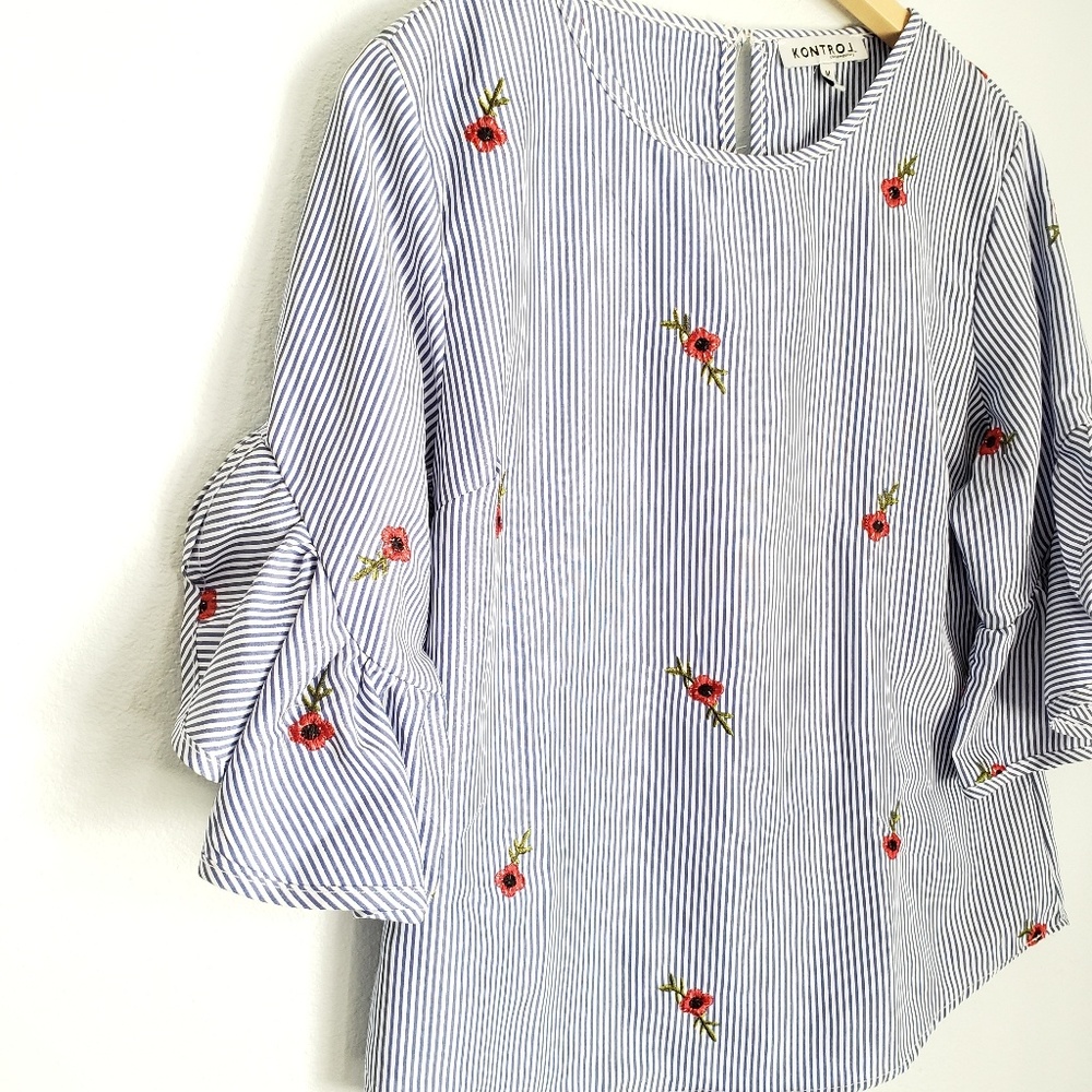 Kontrol Ruffle Sleeves, Stripes n Embroidered Top
